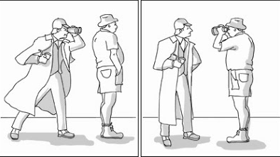 Sherlock using binoculars to look at a man and a Sherlock looking at a man who has binoculars