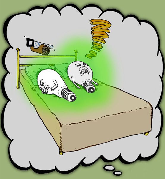 A cartoon showing angry lightbulbs with green glows sleeping